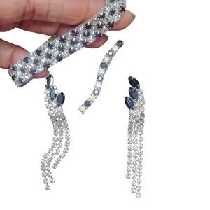 Vtg. Style Black Clear Rhinestone Jewelry lot Bracelet Barrette Dangle Earrings